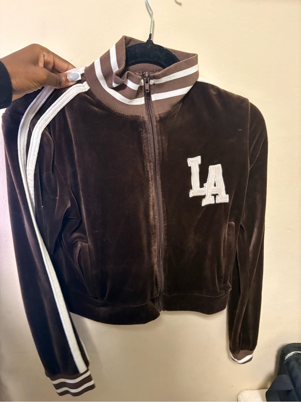 Rue21 Brown Velour Zip-Up Varsity Jacket with White LA Patch